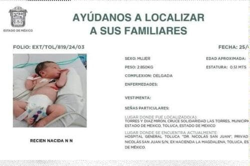 Beba localizada en Metepec, busca a su familia